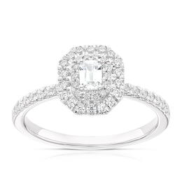 18ct White Gold & Platinum 0.50ct Diamond Emerald Shape Double Halo Ring