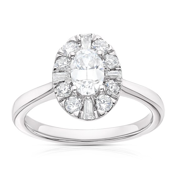 Platinum 1ct Diamond Oval & Baguette Cut Halo Cluster Ring