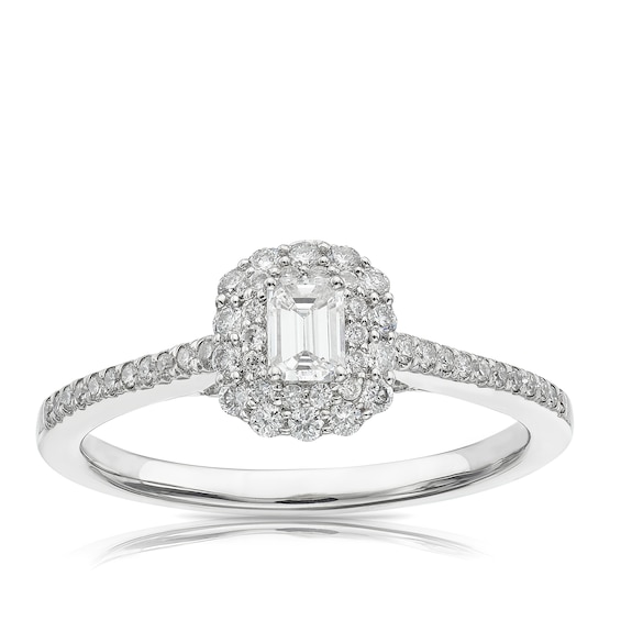 Platinum 0.50ct Diamond Emerald Cut Halo Cluster Ring