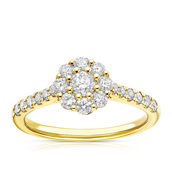 Engagement Ring 18ct Yellow Gold Flower Halo 0.75ct Diamond 