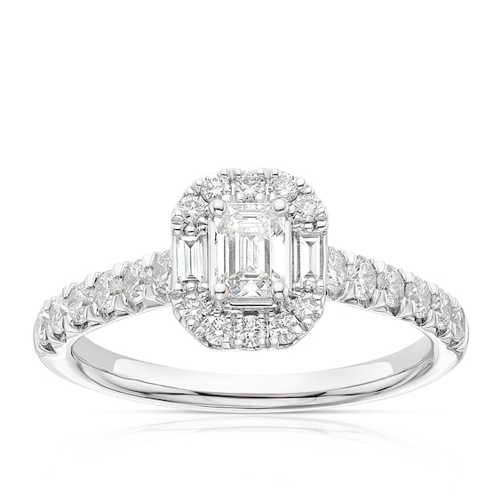 Platinum 0.75ct Diamond Emerald Shape & Baguette Cut Halo Ring
