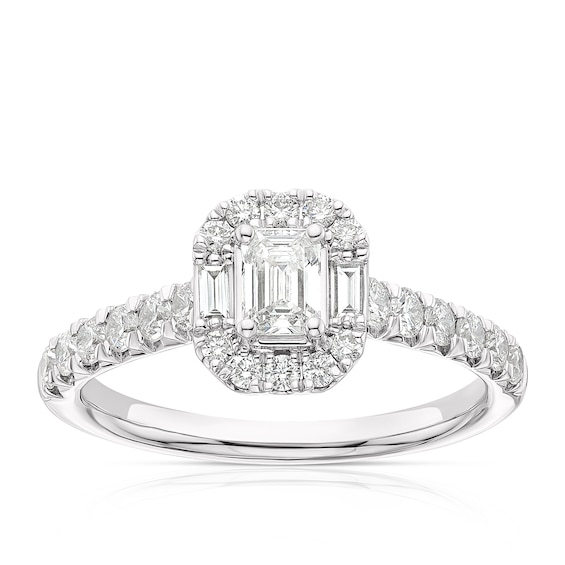 Engagement Ring Platinum Emerald Shape and Baguette Cut Halo