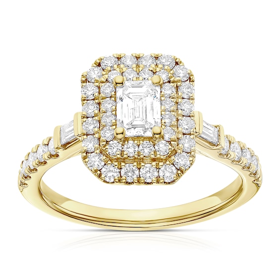18ct Yellow Gold 1ct Diamond Emerald Round and Baguette Cut Double Halo Ring