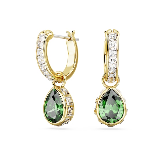 Swarovski Stilla Gold Tone and Green Crystal Drop Hoop Earrings