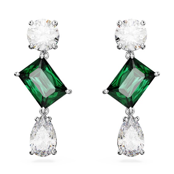 Swarovski Mesmera Silver Tone & Green Crystal Drop Earrings