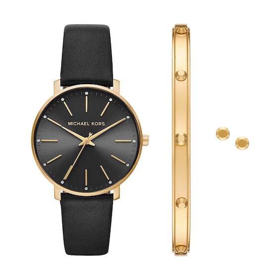 Michael Kors Pyper Leather Strap Watch, Gold-Tone Bracelet & Earring Giftset