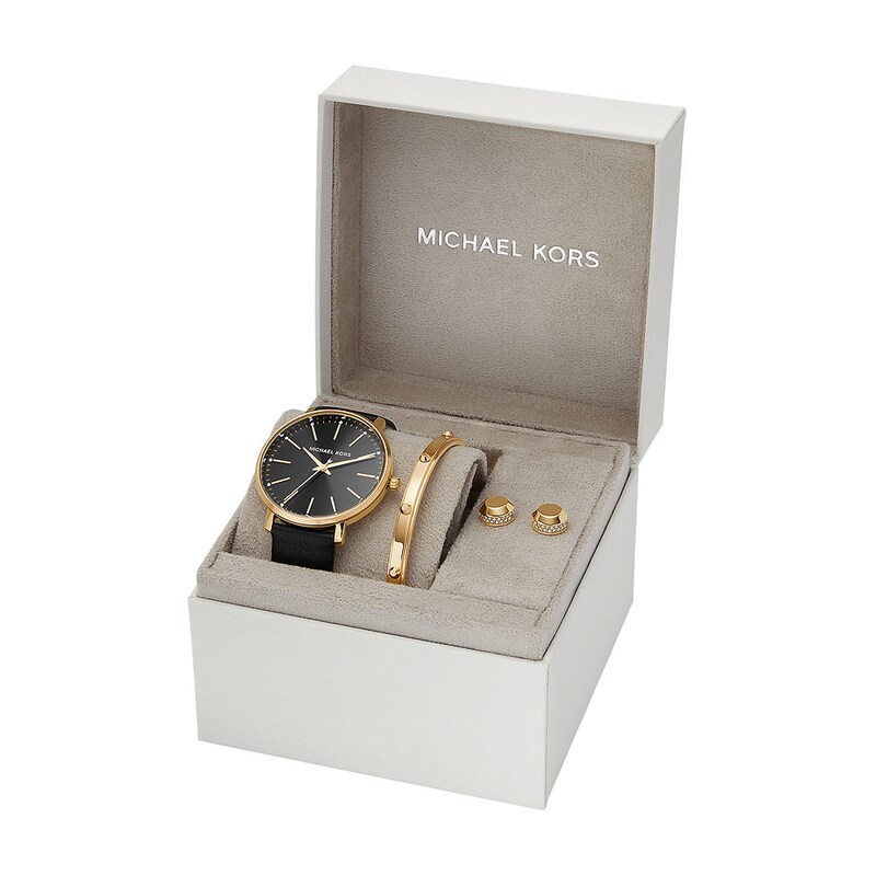 Michael Kors Pyper Leather Strap Watch, Gold-Tone Bracelet & Earring Giftset