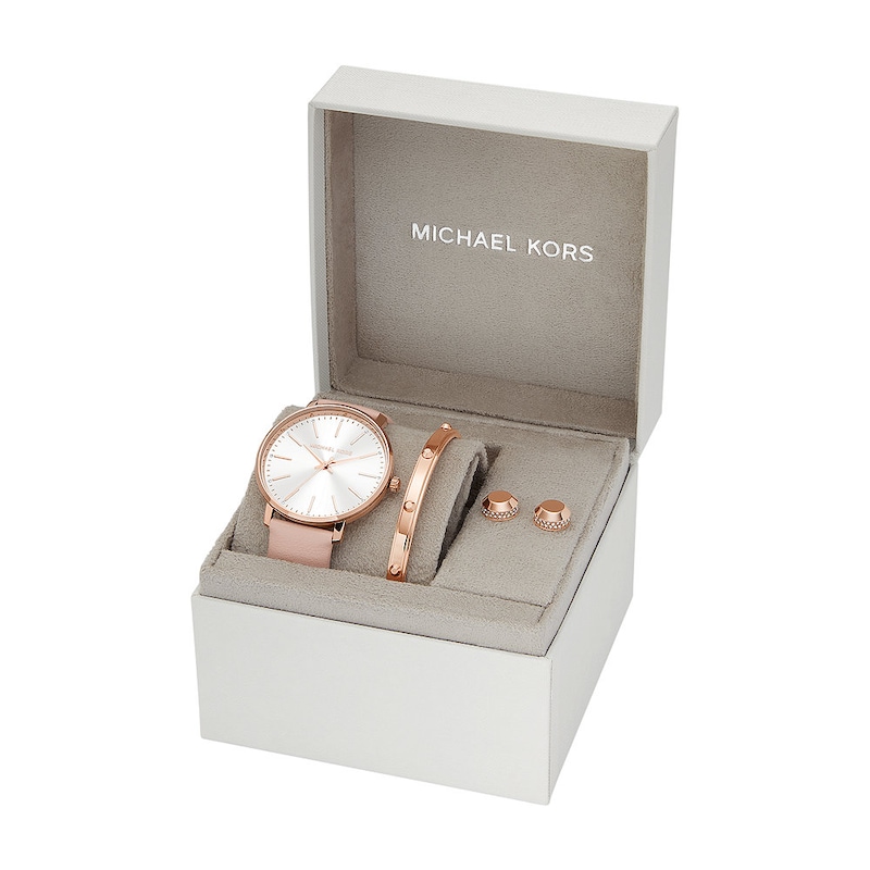 Main Image 2 of Michael Kors Pyper Leather Strap Watch, Rose Gold-Tone Bracelet & Earring Giftset