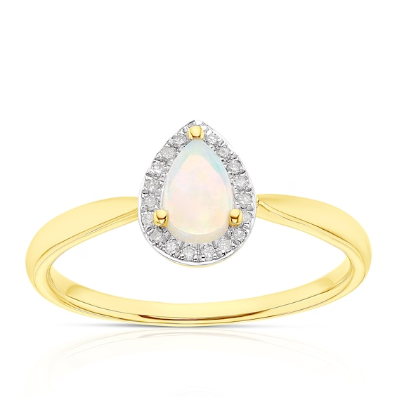 9ct Yellow Gold Opal 0.05ct Diamond Pear Cut Halo Ring