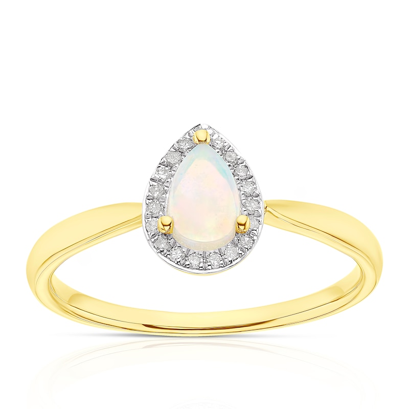 9ct Yellow Gold Opal 0.05ct Diamond Pear Cut Halo Ring