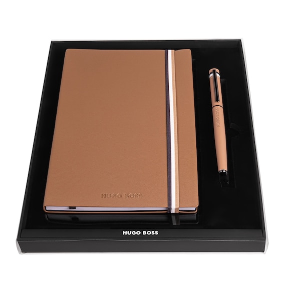 BOSS Iconic A5 Tan Leather Notebook & Rollerball Pen Set