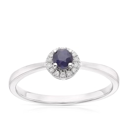 9ct White Gold Sapphire 0.04ct Diamond Halo Ring
