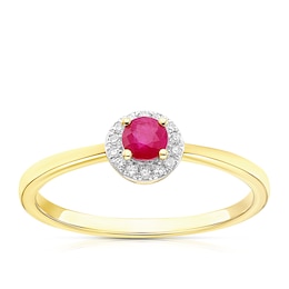 9ct Yellow Gold Ruby 0.04ct Diamond Round Halo Ring