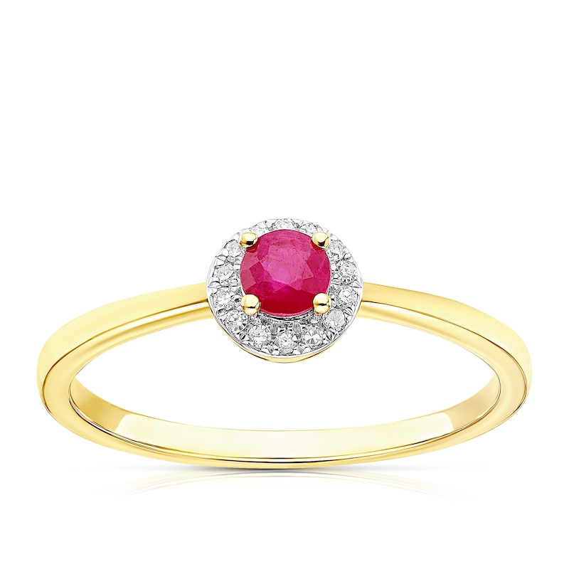 Main Image 1 of 9ct Yellow Gold Ruby 0.04ct Diamond Round Halo Ring