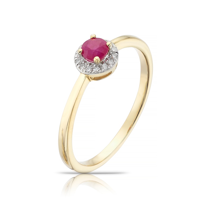 Main Image 2 of 9ct Yellow Gold Ruby 0.04ct Diamond Round Halo Ring