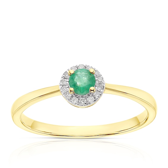 9ct Yellow Gold Emerald 0.04ct Diamond Halo Ring