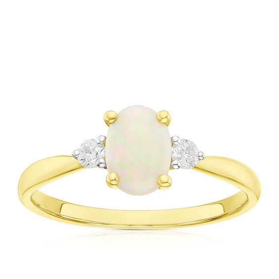 9ct Yellow Gold Opal 0.10ct Diamond Oval Cut Ring