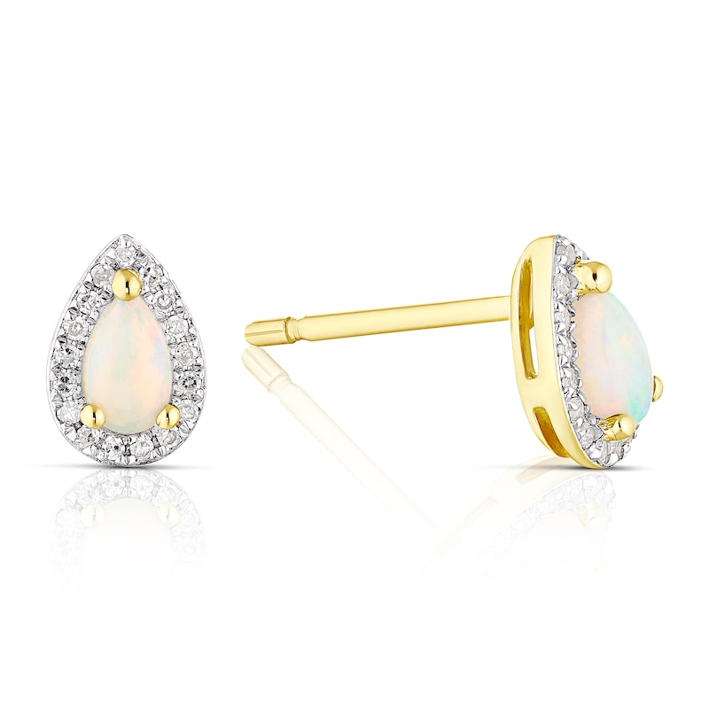 9ct Yellow Gold Opal 0.05ct Diamond Pear Cut Halo Drop Earrings