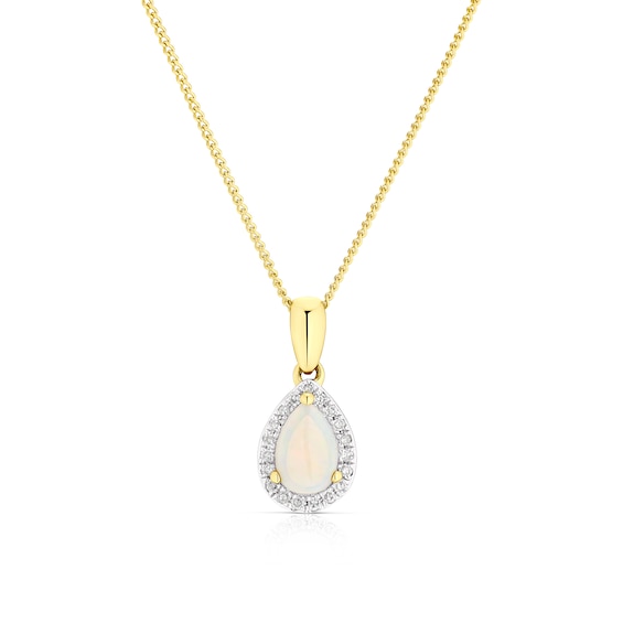 9ct Yellow Gold Opal 0.05ct Diamond Pear Cut Halo Pendant