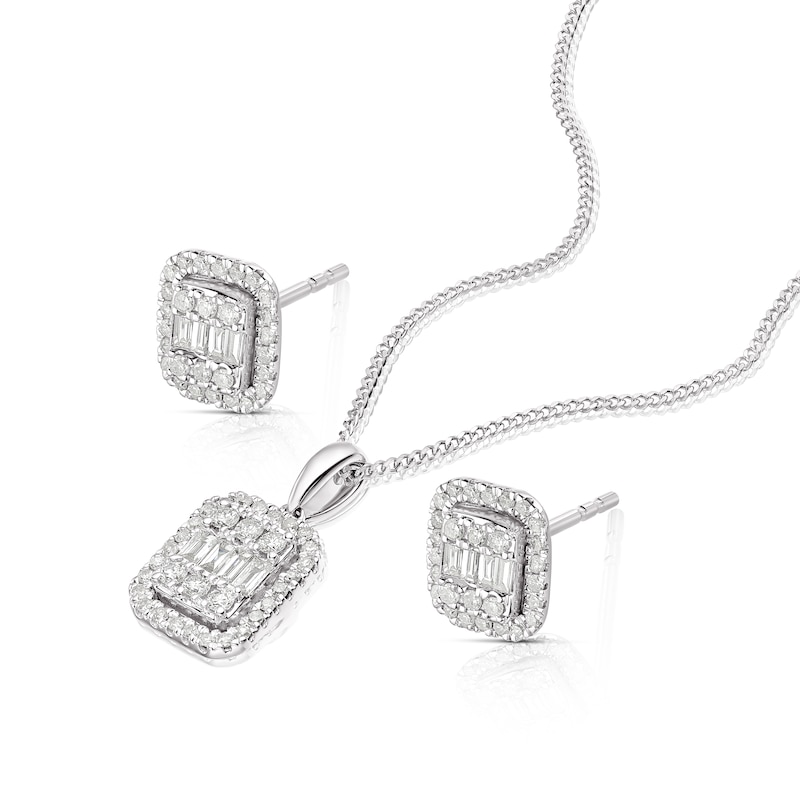 9ct White Gold 0.50ct Diamond Emerald Shape Cluster Earrings & Pendant Set