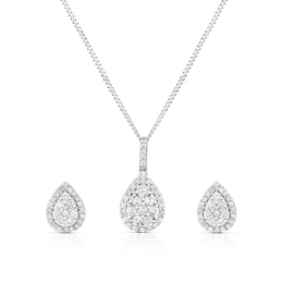 9ct White Gold 0.50ct Diamond Pear Shape Cluster Earrings & Pendant Set