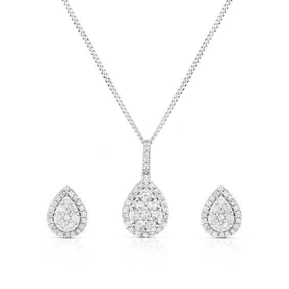 9ct White Gold 0.50ct Diamond Pear Shape Cluster Earrings & Pendant Set