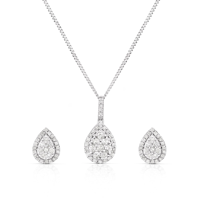 9ct White Gold 0.50ct Diamond Pear Shape Cluster Earrings & Pendant Set