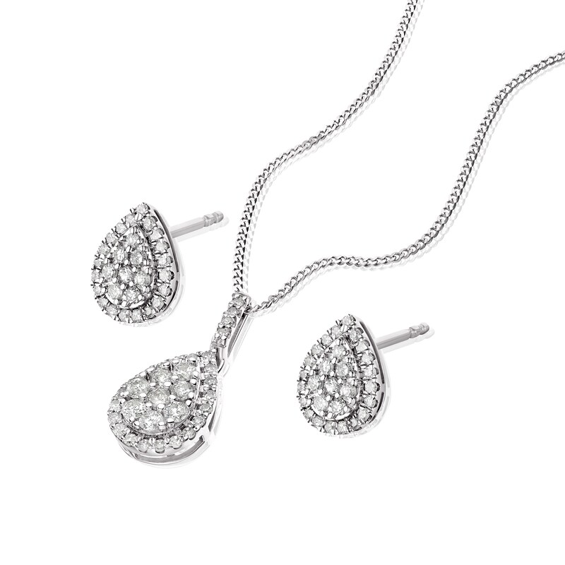 9ct White Gold 0.50ct Diamond Pear Shape Cluster Earrings & Pendant Set