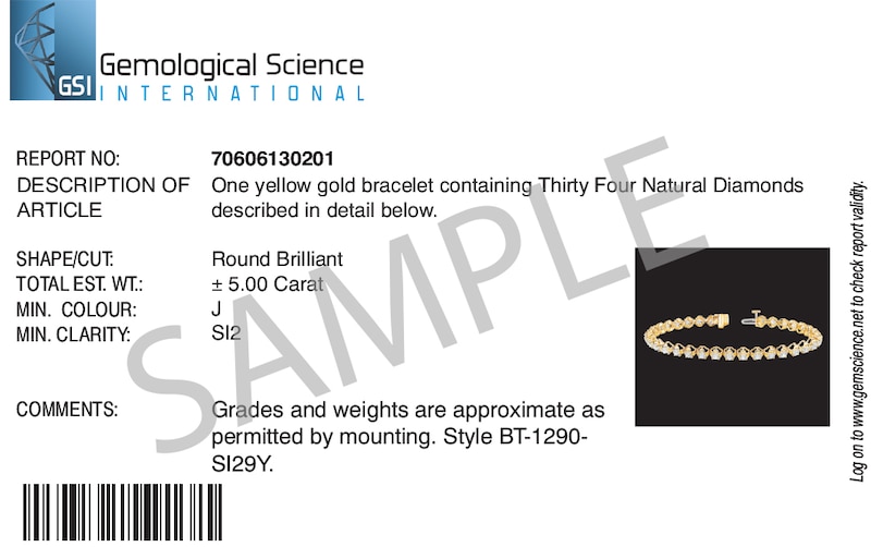 9ct Yellow Gold 5ct Diamond GSI Certified Tennis Bracelet