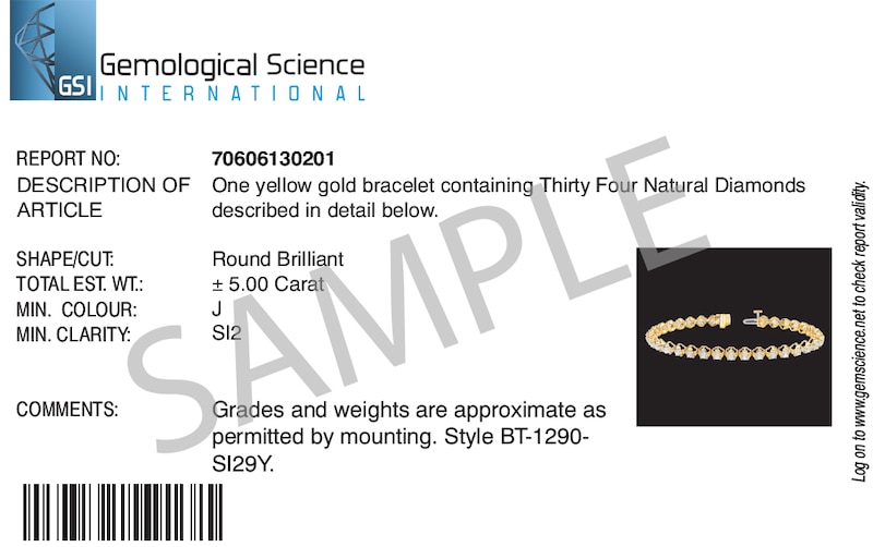 Main Image 4 of 9ct Yellow Gold 5ct Diamond GSI Certified Tennis Bracelet