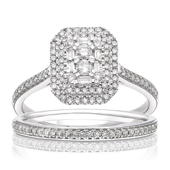 18ct White Gold 0.50ct Diamond Emerald Shaped Halo Cluster Bridal Set