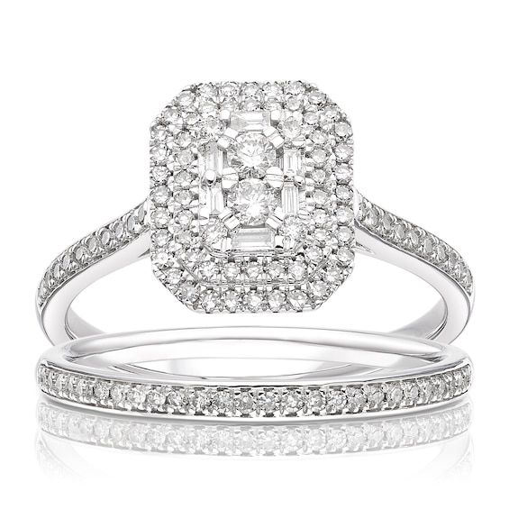 Engagement Ring 18ct White Gold Emerald Shaped Halo Cluster Bridal Set 0.50ct Diamond Ring