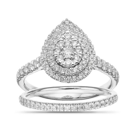 18ct White Gold 0.75ct Diamond Pear Shape Halo Cluster Bridal Set