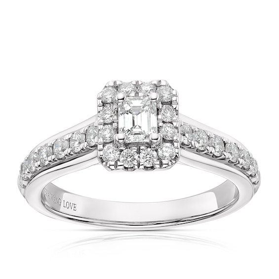 Vera Wang Platinum 0.69ct Emerald Cut Diamond Halo Ring