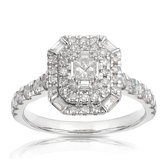 Platinum 1ct Diamond Emerald Cut & Shape Halo Cluster Ring
