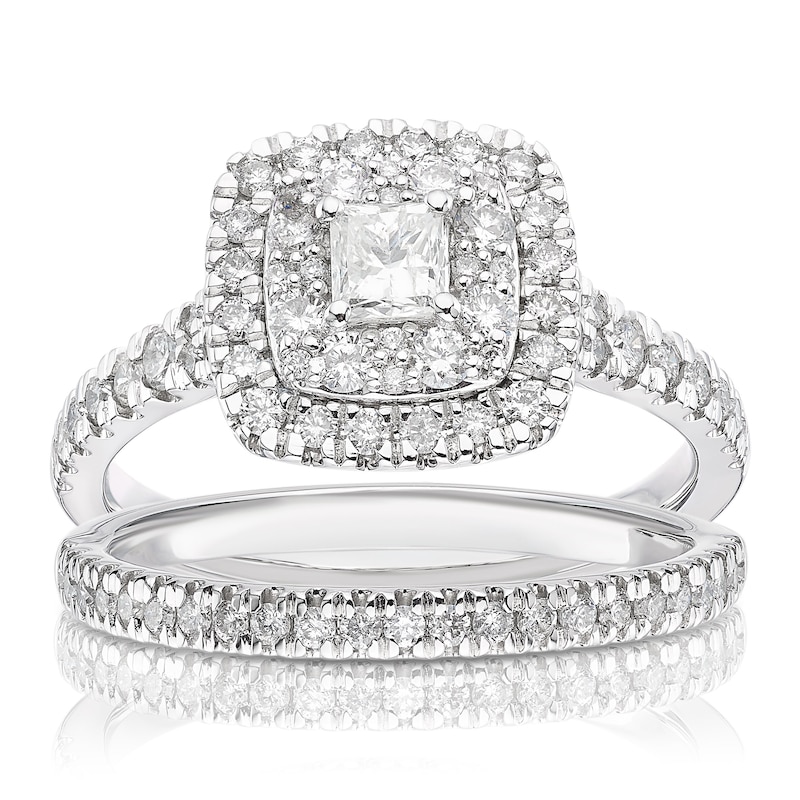 Platinum 1ct Diamond Cushion Shape Halo Cluster Bridal Set