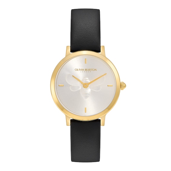 Women's Olivia Burton Signature Bee Ultra Slim Black Leather Strap Watch