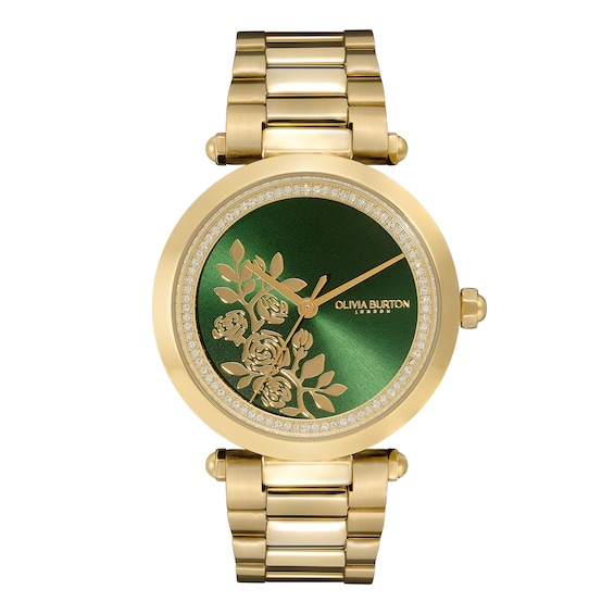Olivia Burton T-Bar Green Floral Dial & Gold-Tone Stainless Steel Watch