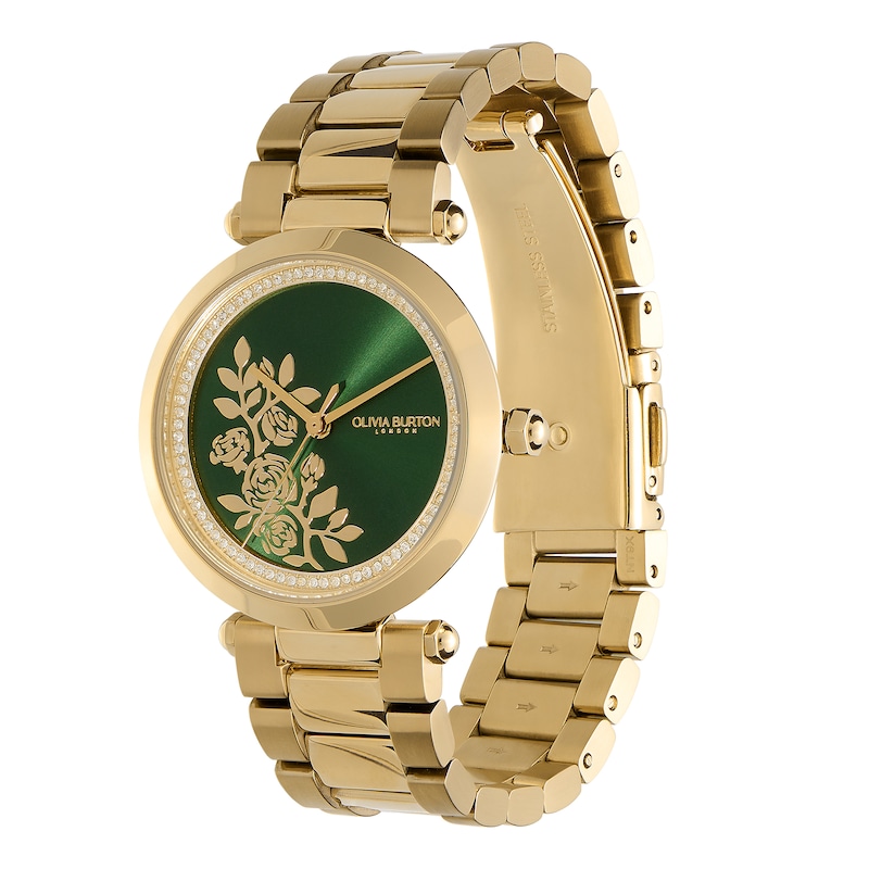 Olivia Burton Signature Florals T-Bar Green Dial & Gold-Tone Stainless Steel Watch