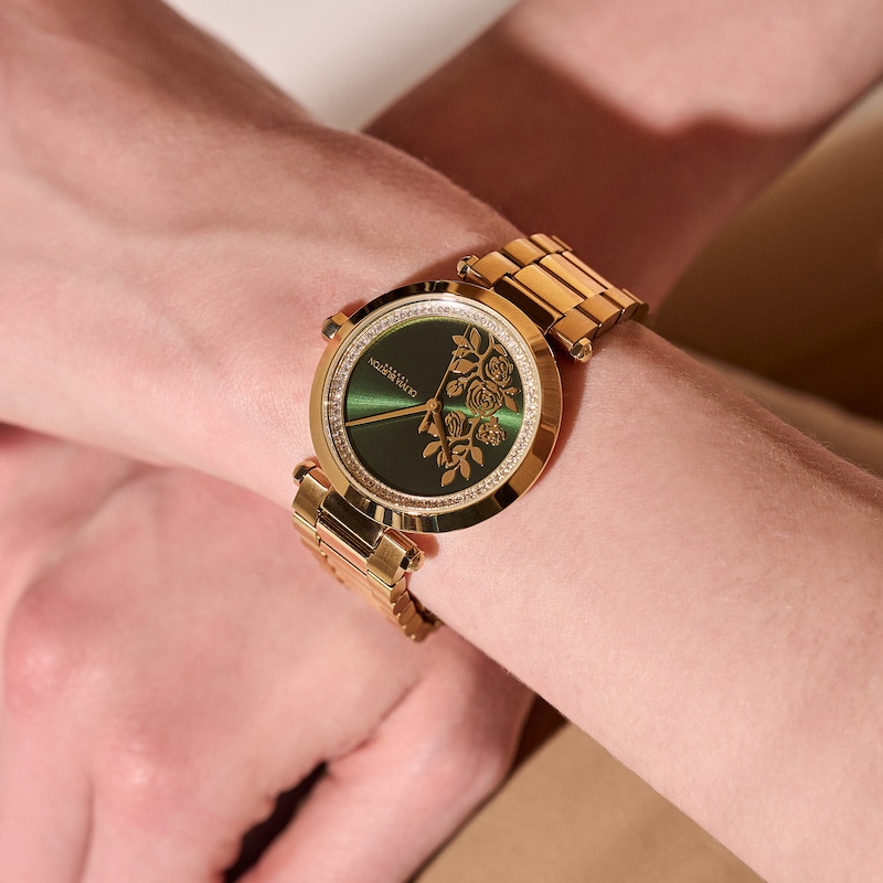 Olivia Burton Signature Florals T-Bar Green Dial & Gold-Tone Stainless Steel Watch
