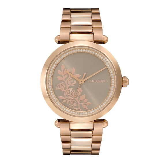 Olivia Burton T-Bar Grey Floral Dial & Carnation Gold-Tone Bracelet Watch