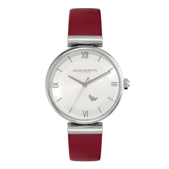 Women's Olivia Burton Signature Minima Bee T-Bar White Dial & Red Leather Watch