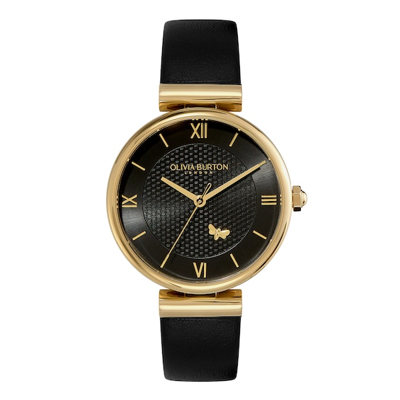 Olivia Burton Minima Bee Ladies’ T-Bar Gold-Tone & Black Leather Strap Watch