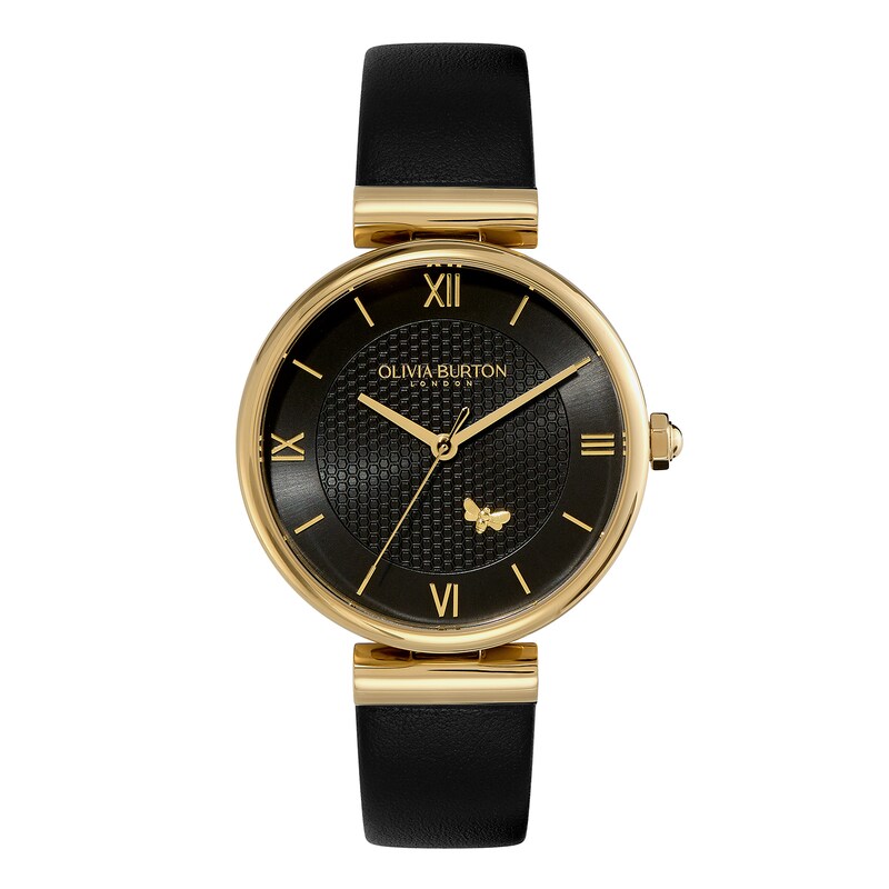 Olivia Burton Signature Minima Bee T-Bar Gold-Tone & Black Leather Watch