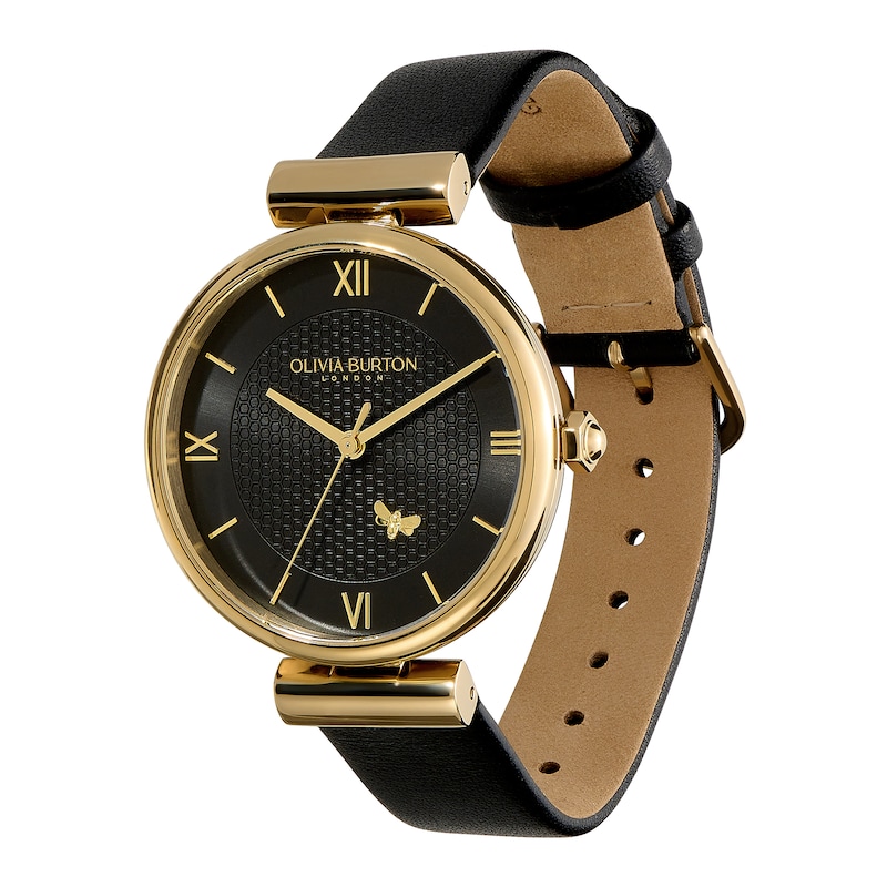 Olivia Burton Signature Minima Bee T-Bar Gold-Tone & Black Leather Watch