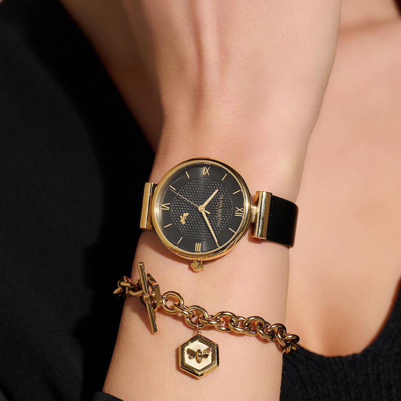 Olivia Burton Minima Bee Ladies' T-Bar Gold-Tone & Black Leather Strap Watch