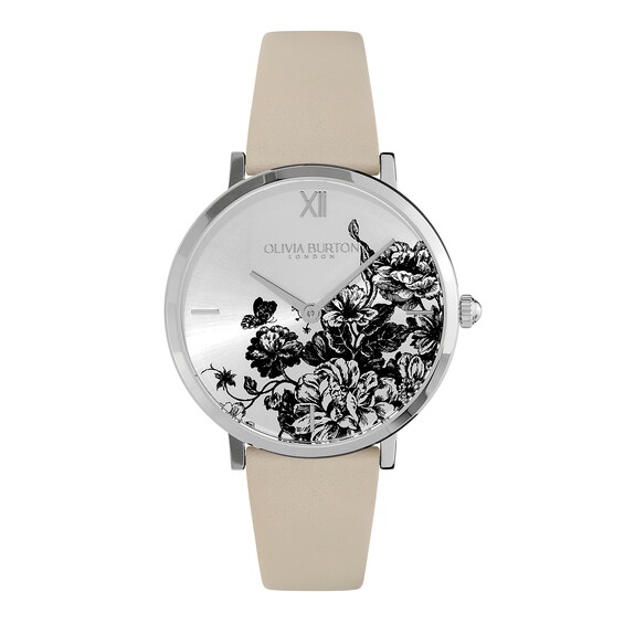 Women's Olivia Burton Signature Florals Ultra Slim ' Silver Dial & Leather Watch