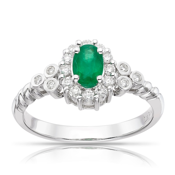 Le Vian 14ct White Gold 0.23ct Diamond & Oval Emerald Halo Ring