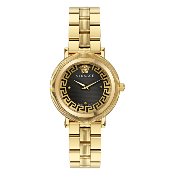 Women's Versace Greca Flourish Black Dial & Gold Tone Bracelet Watch