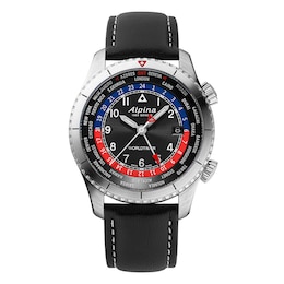 Alpina Startimer Pilot Quartz Worldtimer Black Leather Strap Watch